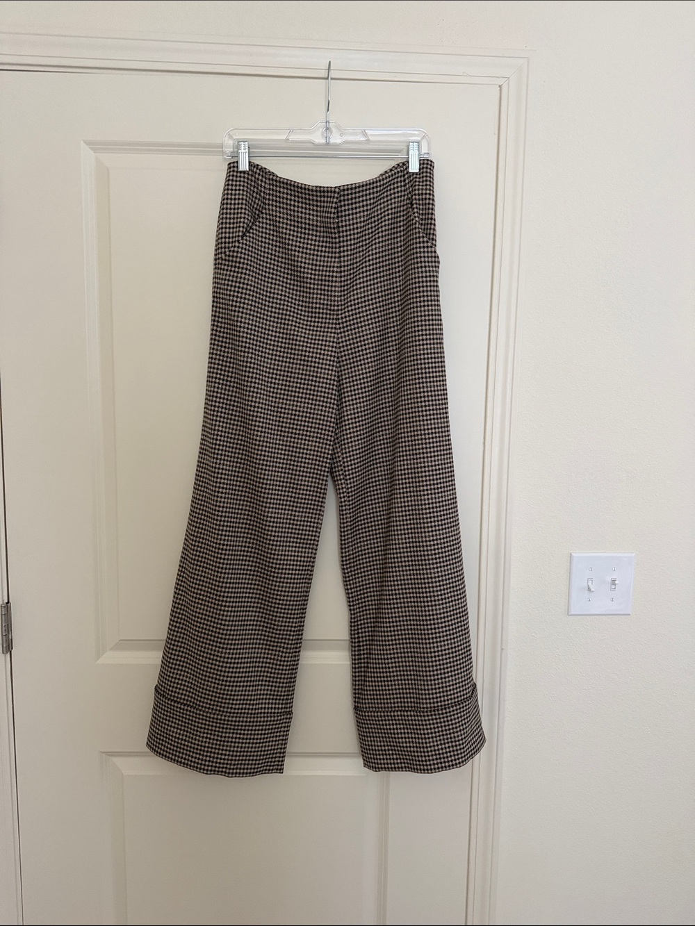 High-Waist Wide-Leg Houndstooth Pants - Brown, green, navy, black